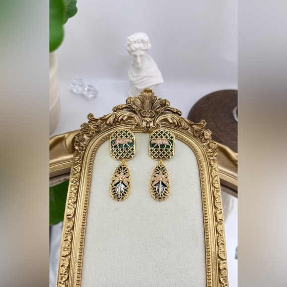 Statement Panther & Palm Drop Earrings – Gold/Green - Picture 8 of 10